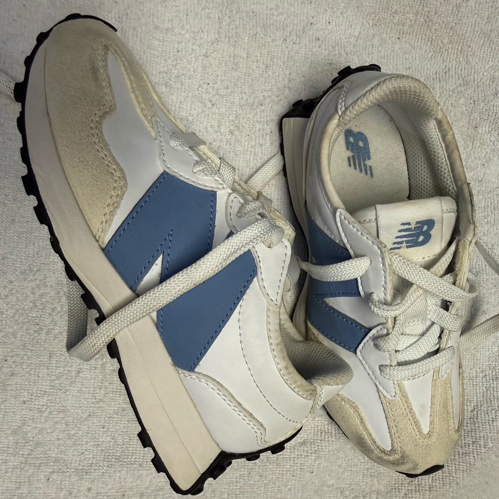 New Balance White and Blue 327 Sneakers